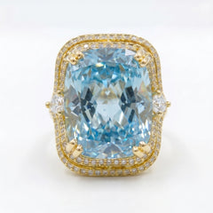 Crystal Cushion Cut Double Halo Statement Cocktail Ring, Gold finish