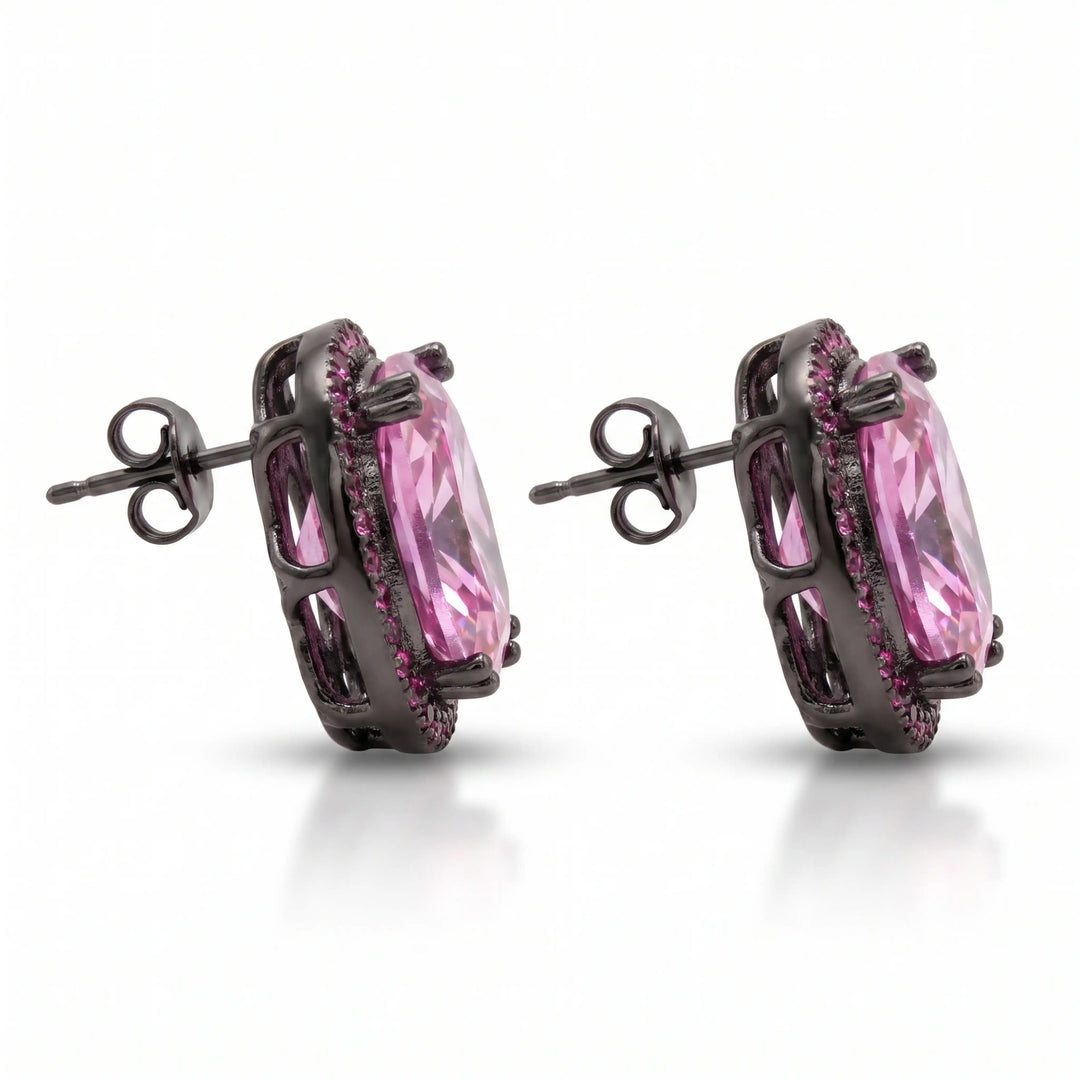 Pink Cushion Halo Stud Earrings