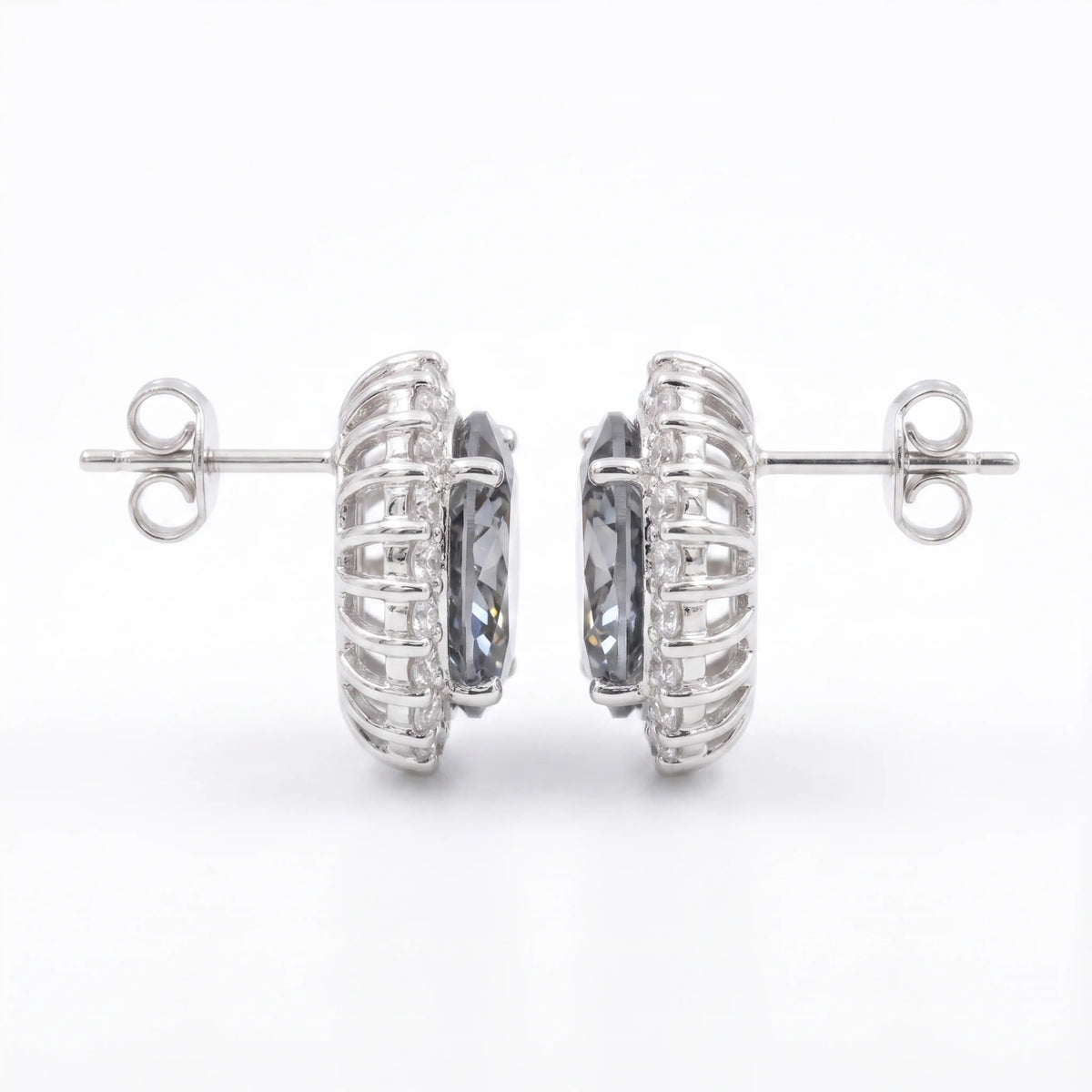 Diana Grey Crystal Oval Halo Stud Earrings, Rhodium finish
