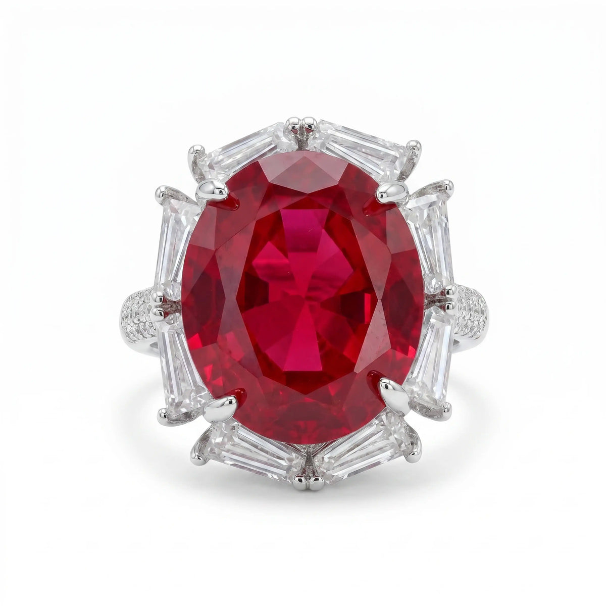 Noctis Red Ruby CZ Oval Cocktail Ring, Rhodium finish
