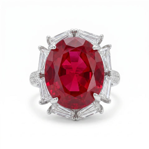 Noctis Red Ruby CZ Oval Cocktail Ring, Rhodium finish