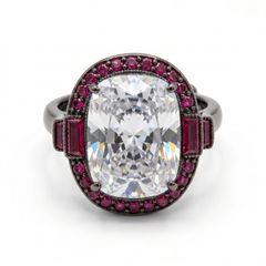 Cadence White Crystal Oval Cocktail Ring with Ruby Halo, Black Rhodium finish