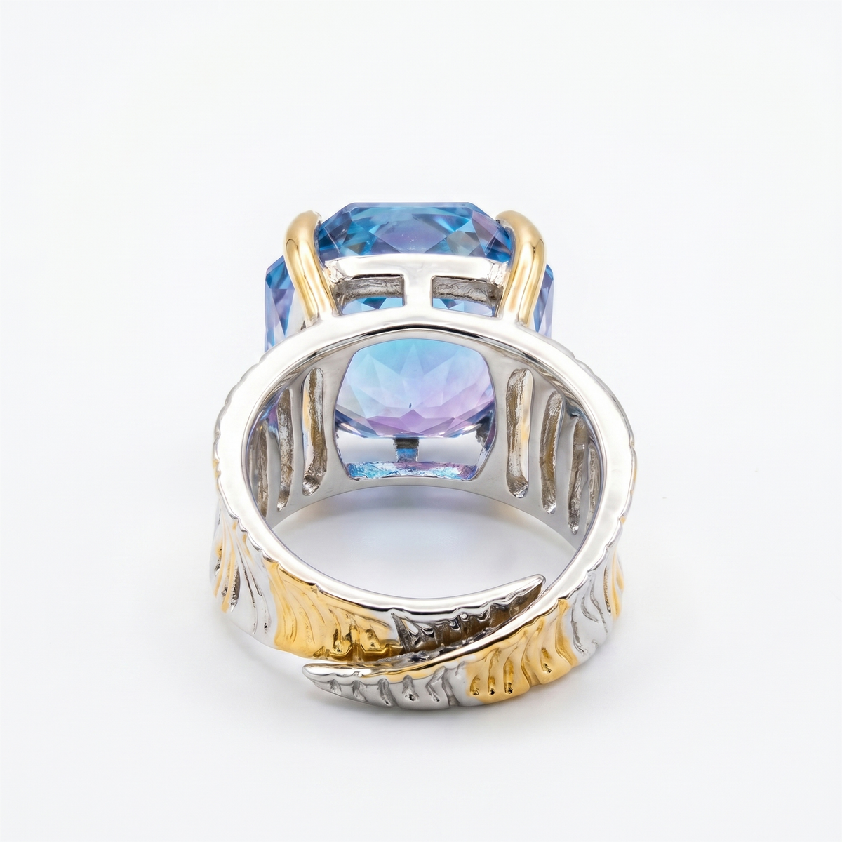 Canvas Crystal Emerald Cut Two-Tone Statement Cocktail Ring, Gold &amp; Rhodium finish