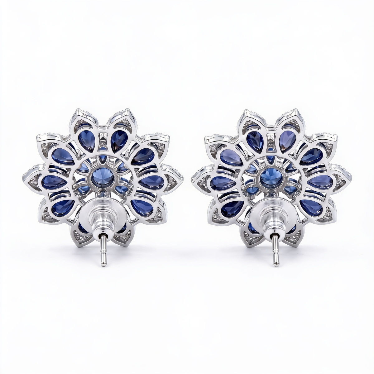 White Crystal Pear Cluster Flower Stud Earrings, Rhodium finish