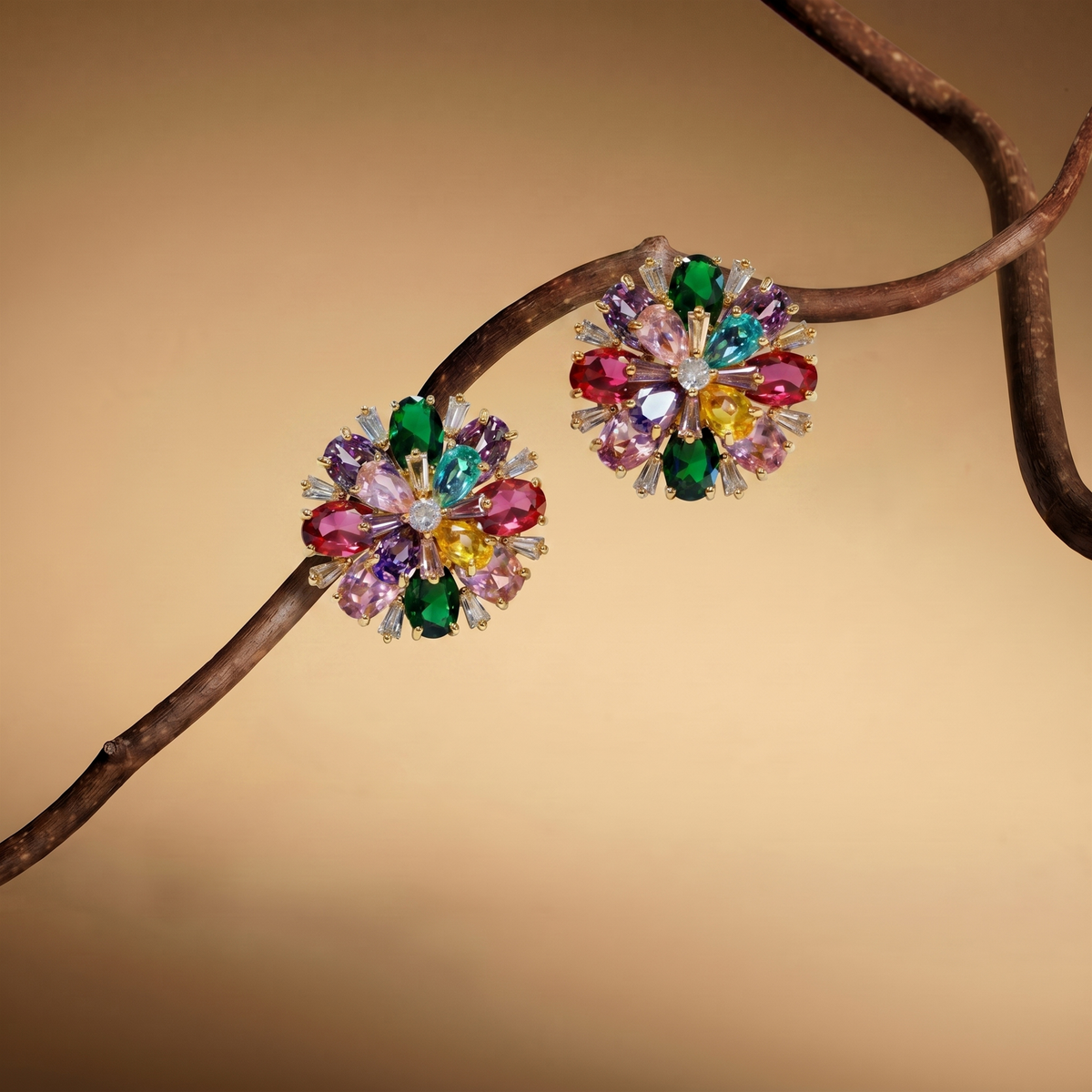 Petalia Crystal Floral Burst Stud Earrings, Mixed cut, Gold finish