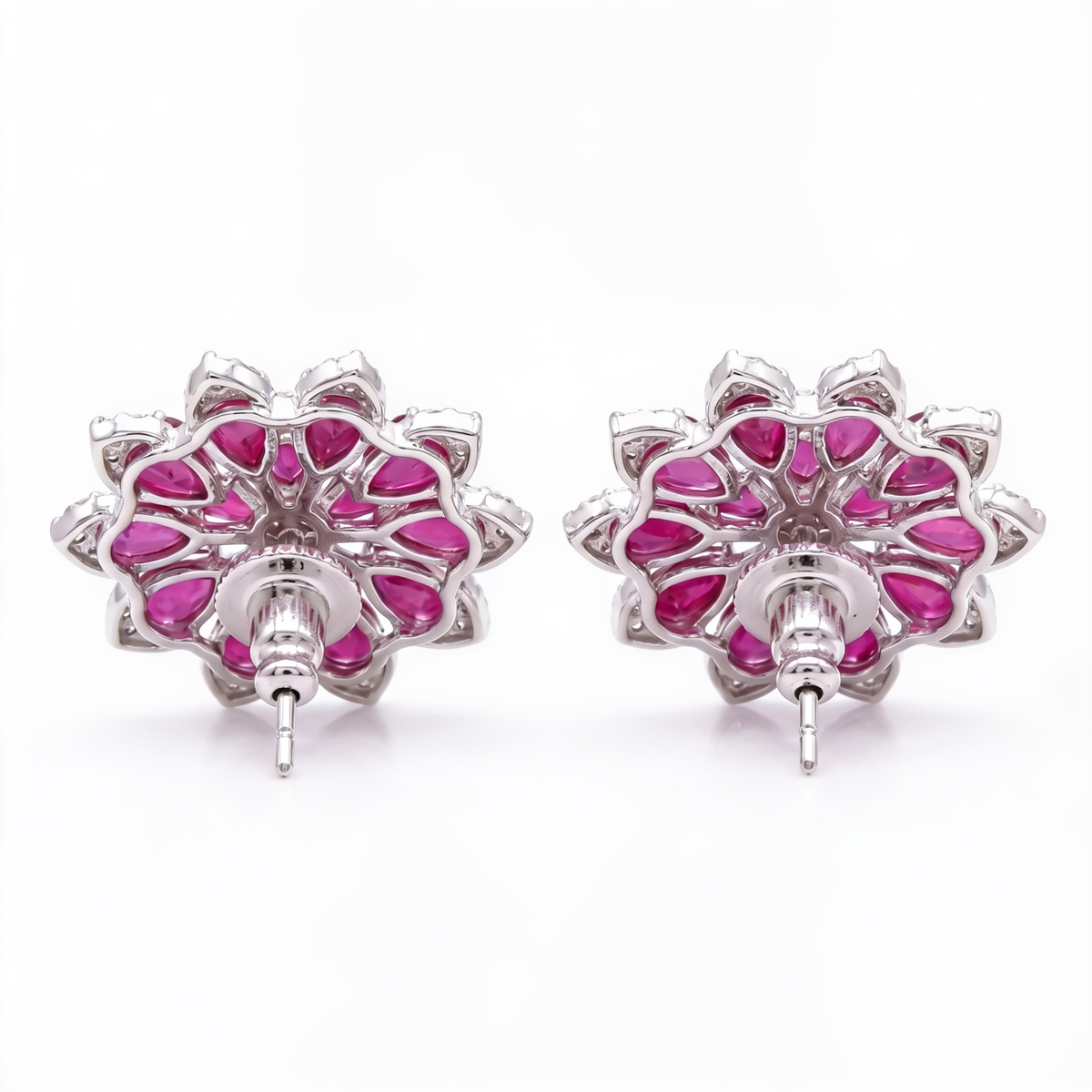 White Crystal Pear Cluster Flower Stud Earrings, Rhodium finish