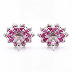 White Crystal Pear Cluster Flower Stud Earrings, Rhodium finish