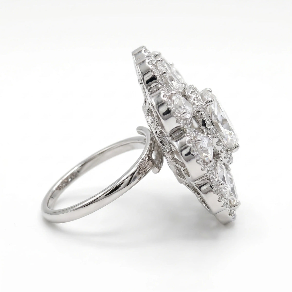 Crystal Oval Floral Cluster Cocktail Ring, Rhodium finish