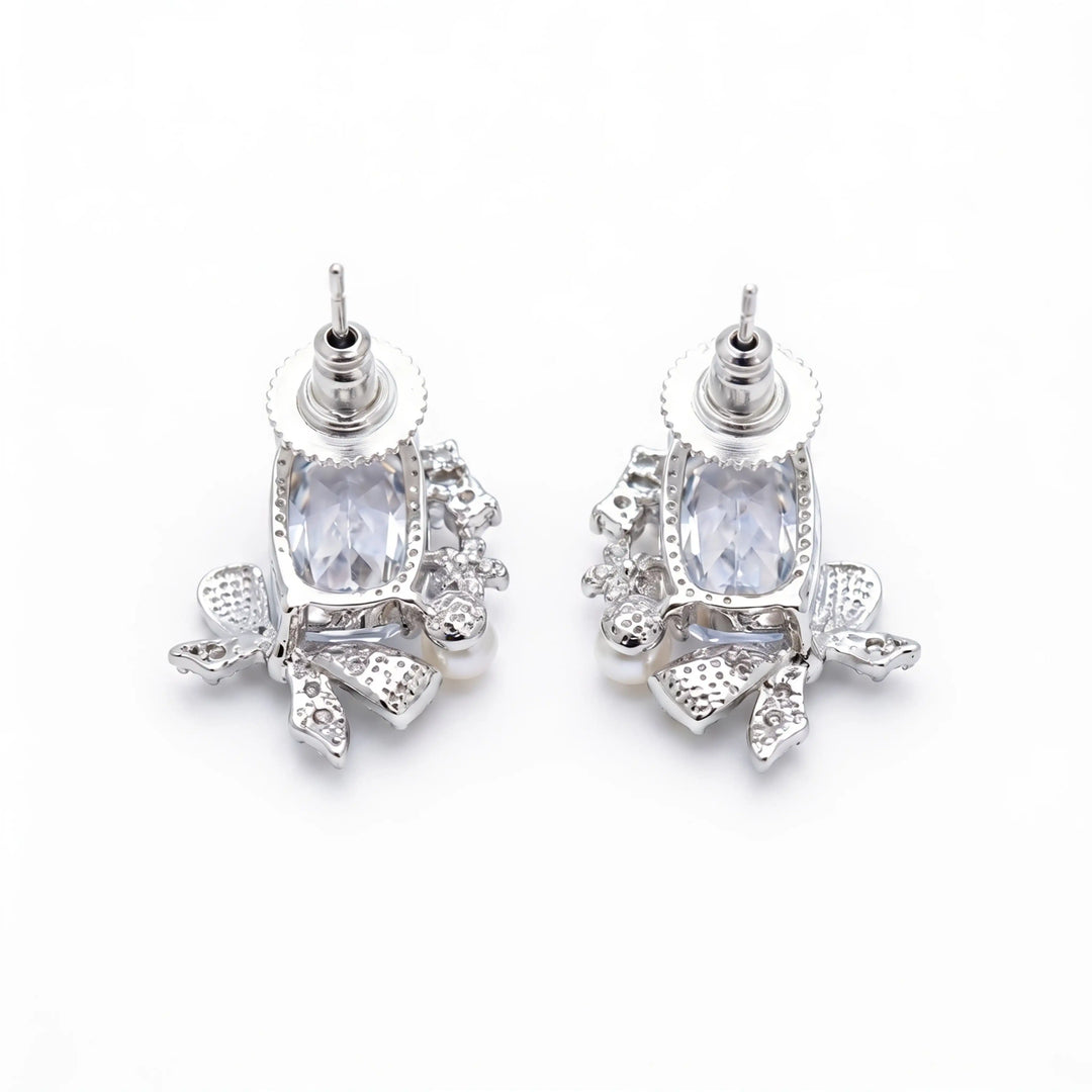 Bowelle White Crystal & Pearl Bow Stud Earrings, Cushion cut, Rhodium finish