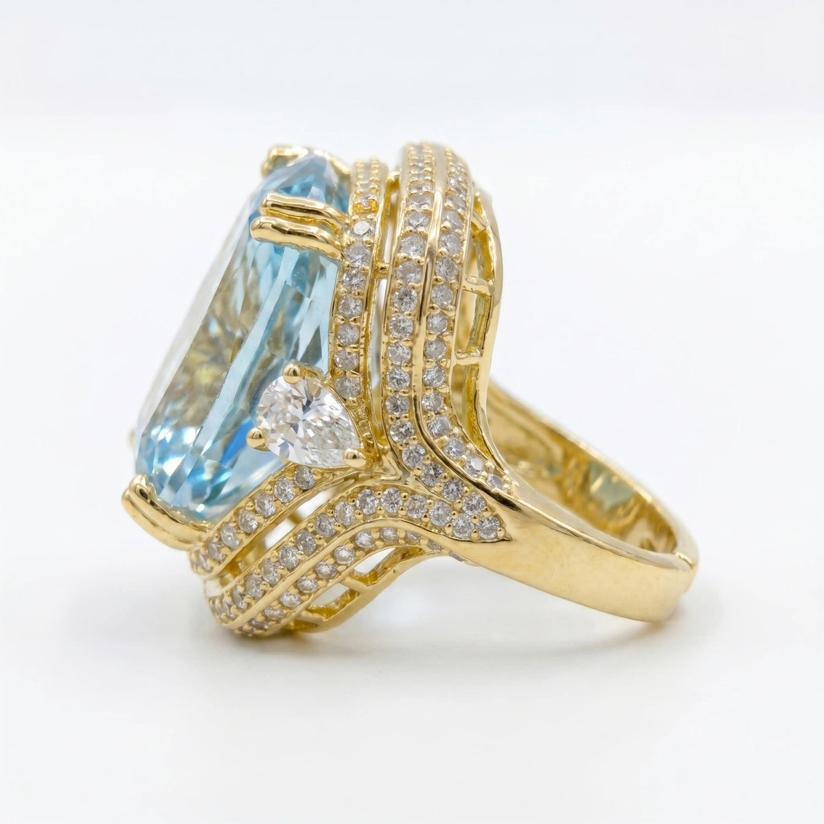 Crystal Cushion Cut Double Halo Statement Cocktail Ring, Gold finish