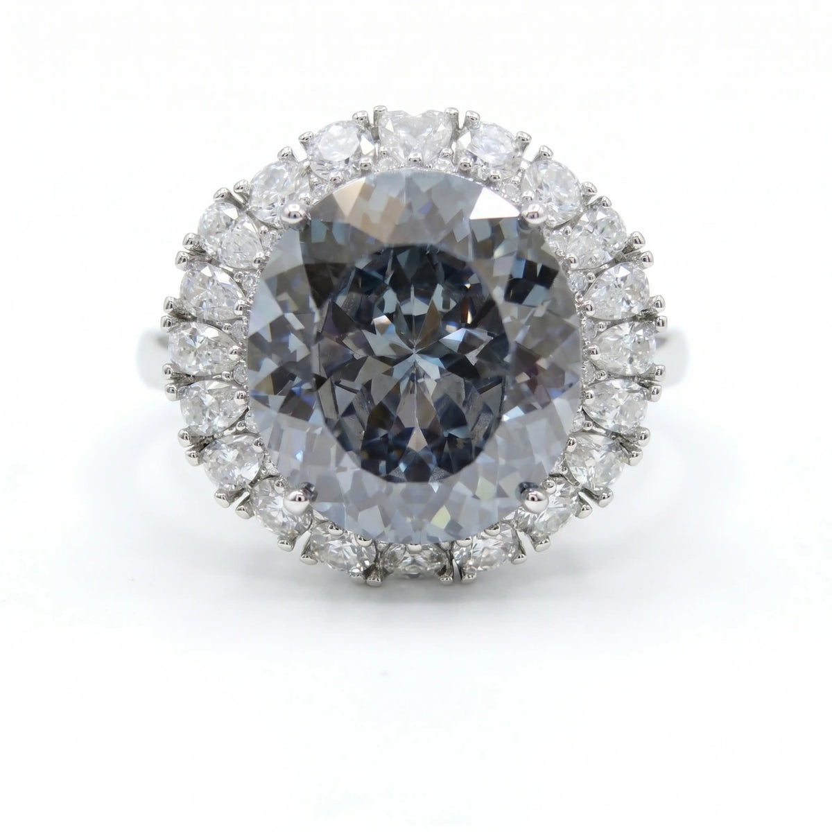 Grey Crystal Oval Halo Statement Cocktail Ring, Rhodium finish