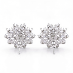 White Crystal Pear Cluster Flower Stud Earrings, Rhodium finish