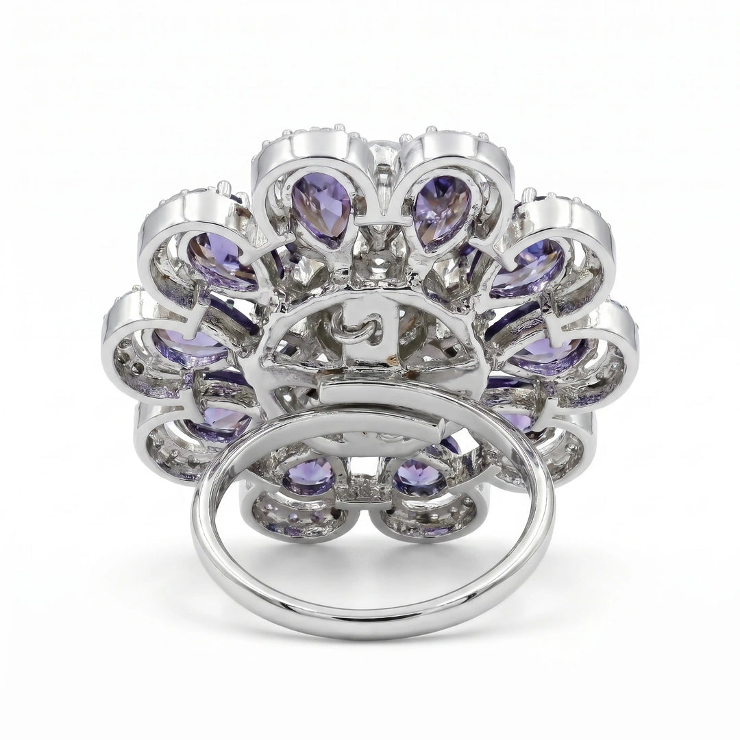 Crystal Oval Floral Cluster Cocktail Ring, Rhodium finish