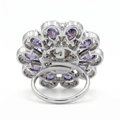 Crystal Oval Floral Cluster Cocktail Ring, Rhodium finish