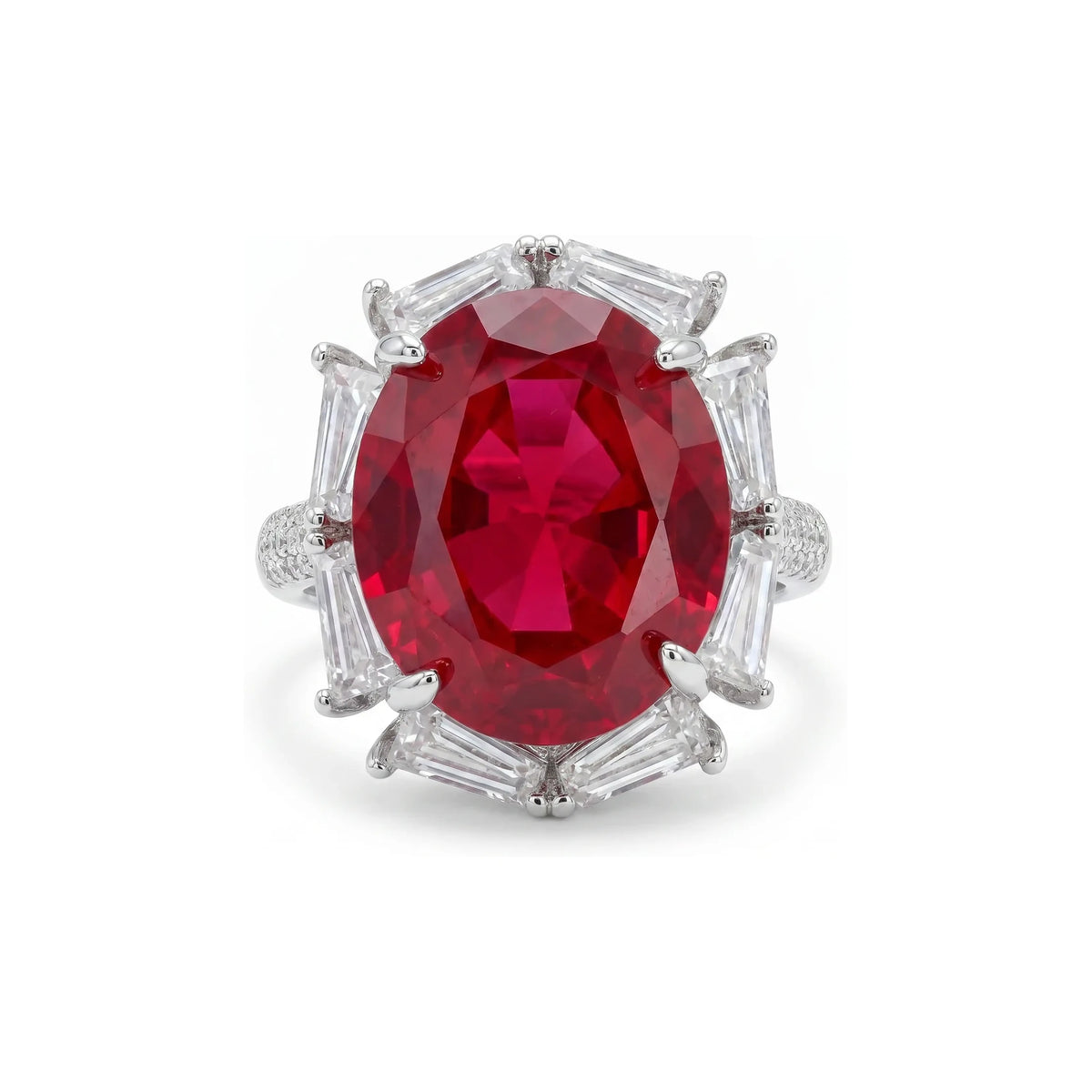 Noctis Red Ruby CZ Oval Cocktail Ring, Rhodium finish