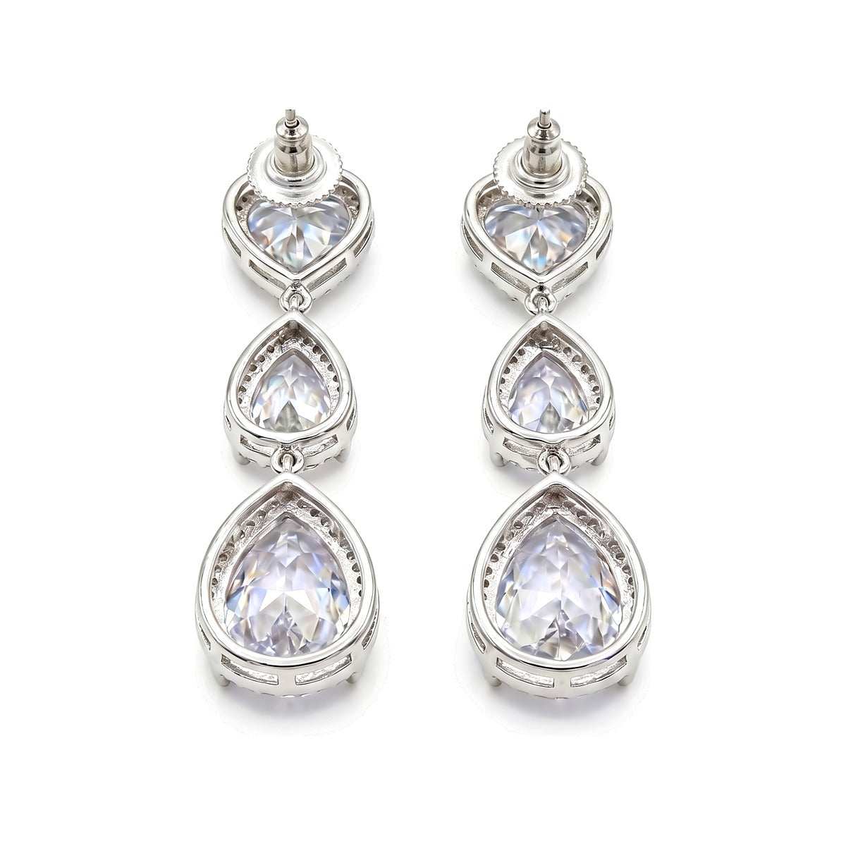 White Crystal Heart & Teardrop Drop Earrings, Rhodium finish
