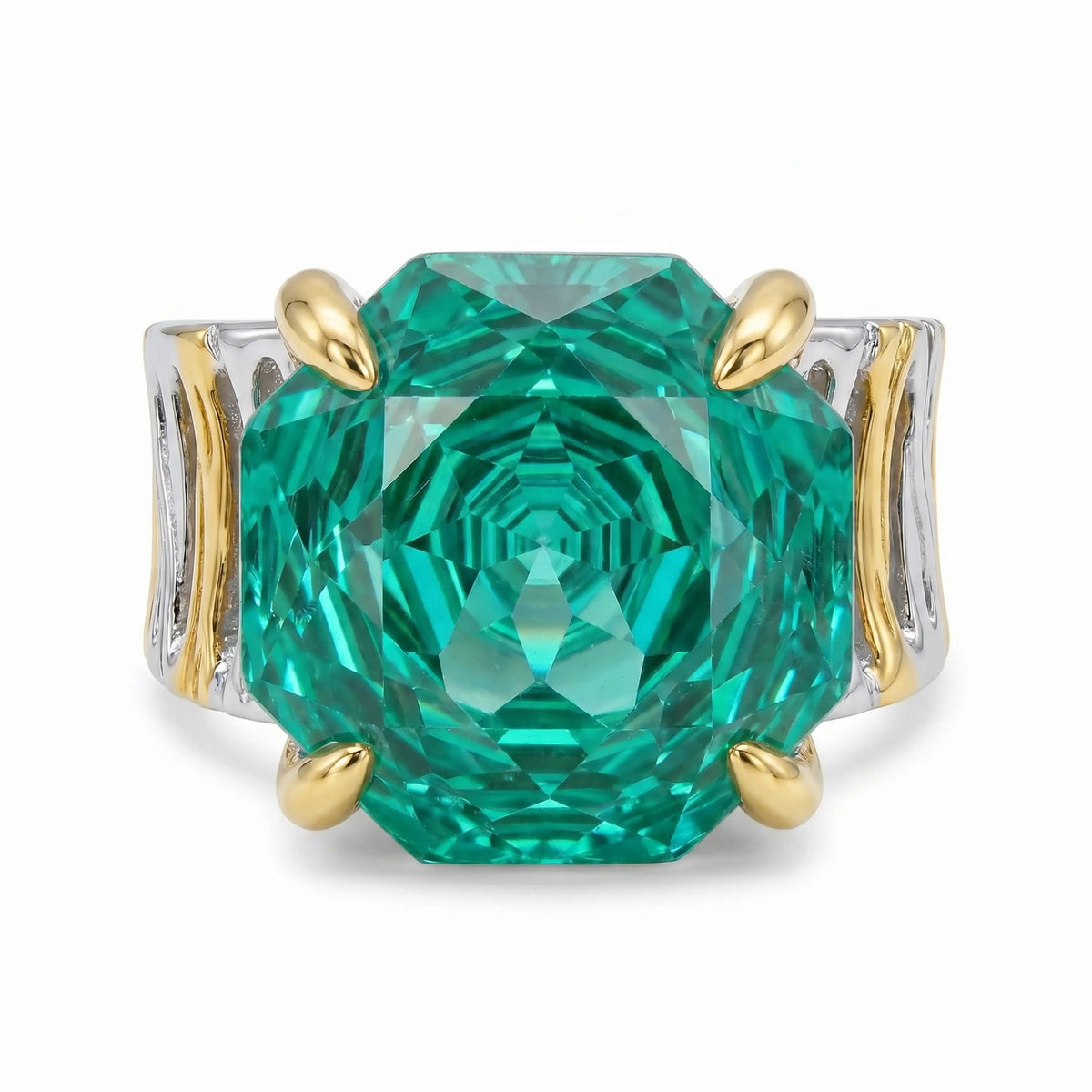 Canvas Crystal Emerald Cut Two-Tone Statement Cocktail Ring, Gold &amp; Rhodium finish