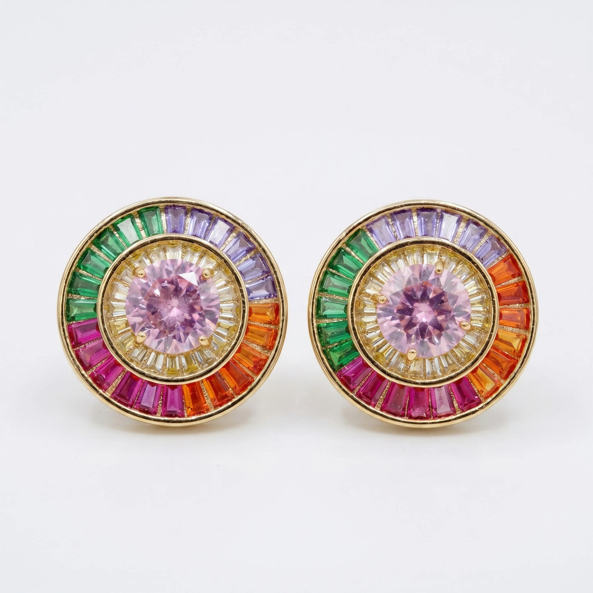 Orbis Multicolour Crystal Round Halo Stud Earrings, Gold finish