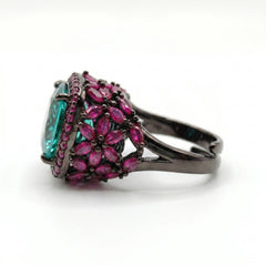 Jardina Ruthenium Crystal Floral Statement Cocktail Ring, Black Rhodium finish