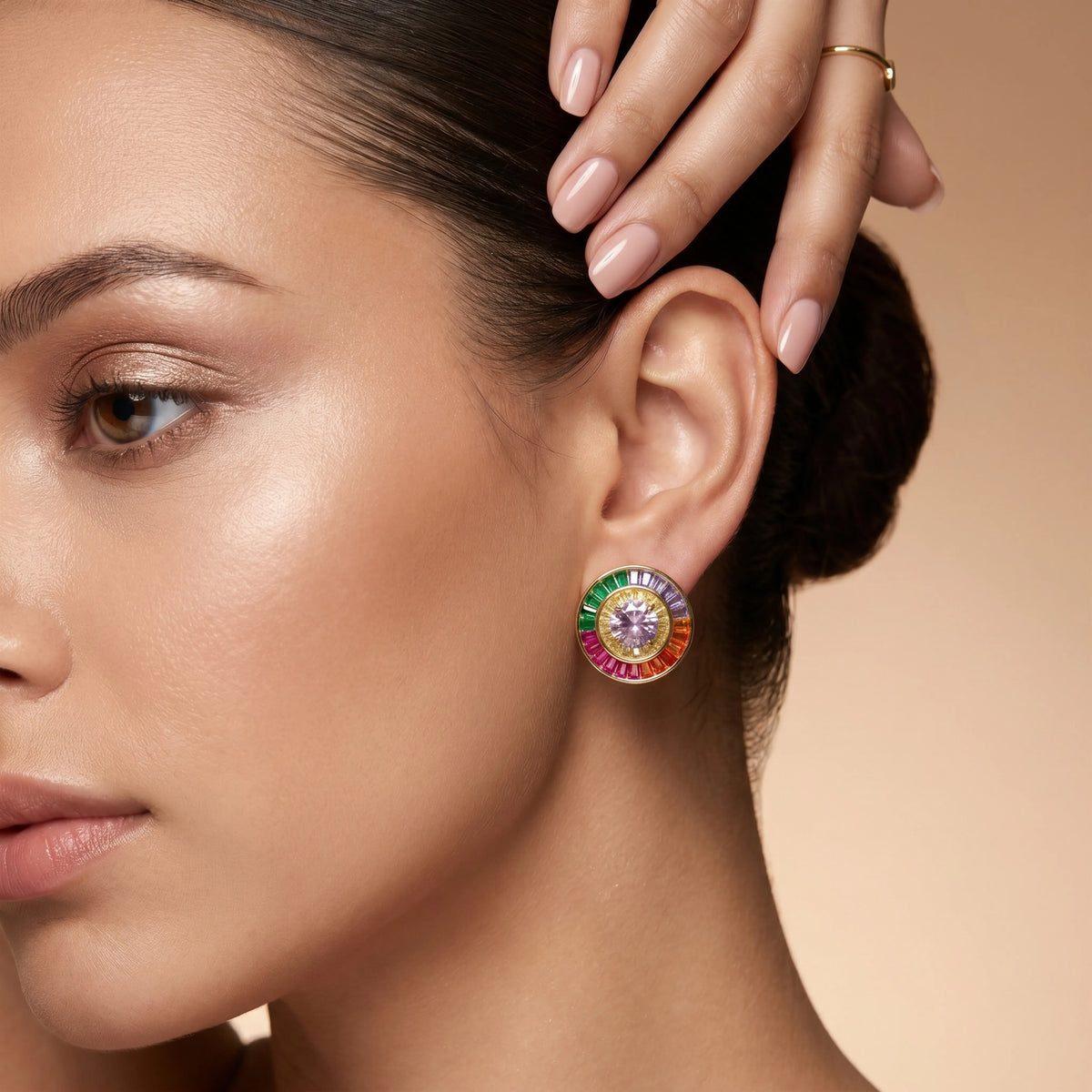 Orbis Multicolour Crystal Round Halo Stud Earrings, Gold finish