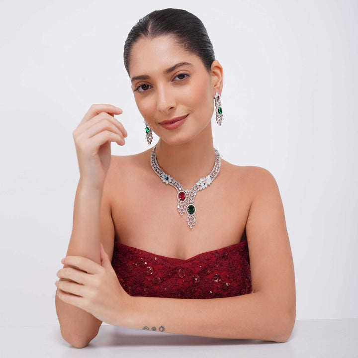 Queen Regal Red & Green Stone Necklace Set