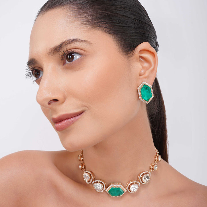 Malak Moissanie Emerald Doublet Stone Polki Necklace Set