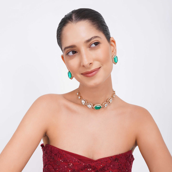 Malak Moissanie Emerald Doublet Stone Polki Necklace Set