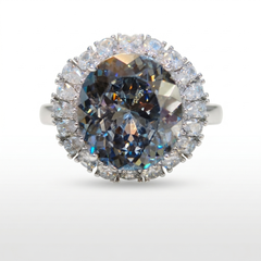 Grey Crystal Oval Halo Statement Cocktail Ring, Rhodium finish