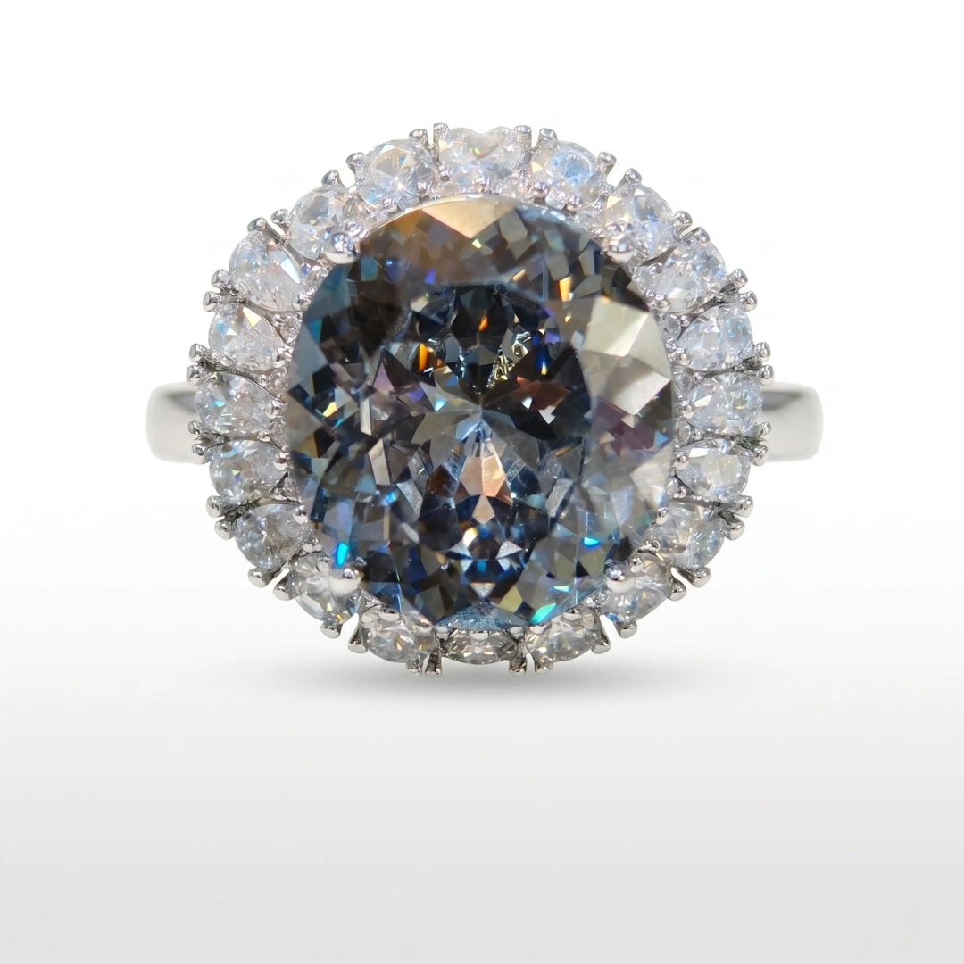 Grey crystal oval halo cocktail ring for women, rhodium finish - RANGREZ