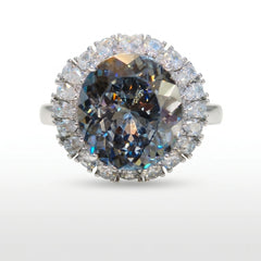 Grey crystal oval halo cocktail ring for women, rhodium finish - RANGREZ