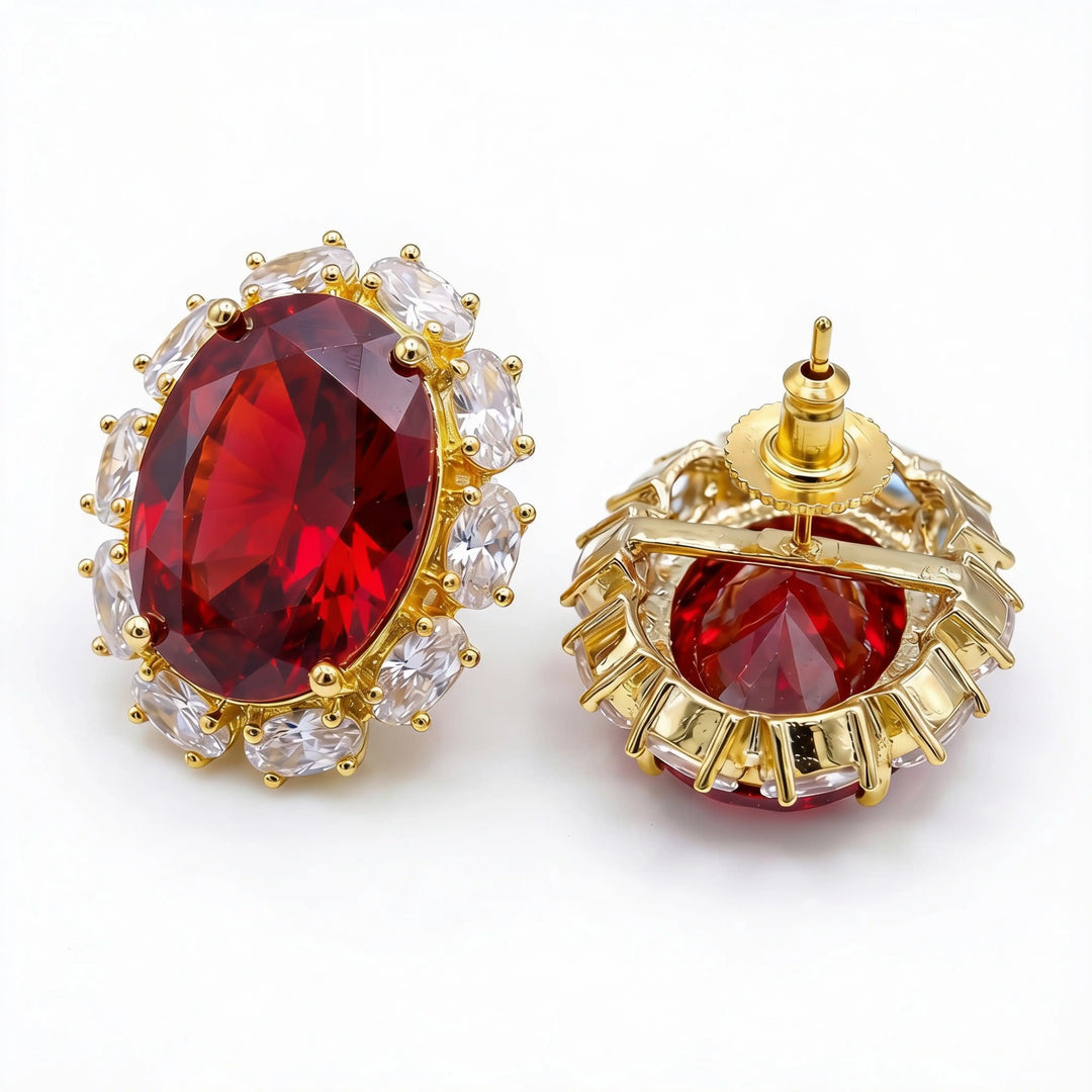 Rouge Oval Crystal Halo Stud Earrings, Gold finish