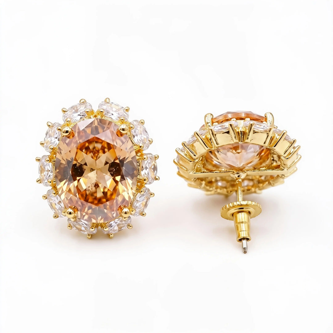 Rouge Oval Crystal Halo Stud Earrings, Gold finish