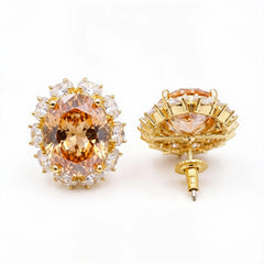 Rouge Oval Crystal Halo Stud Earrings, Gold finish