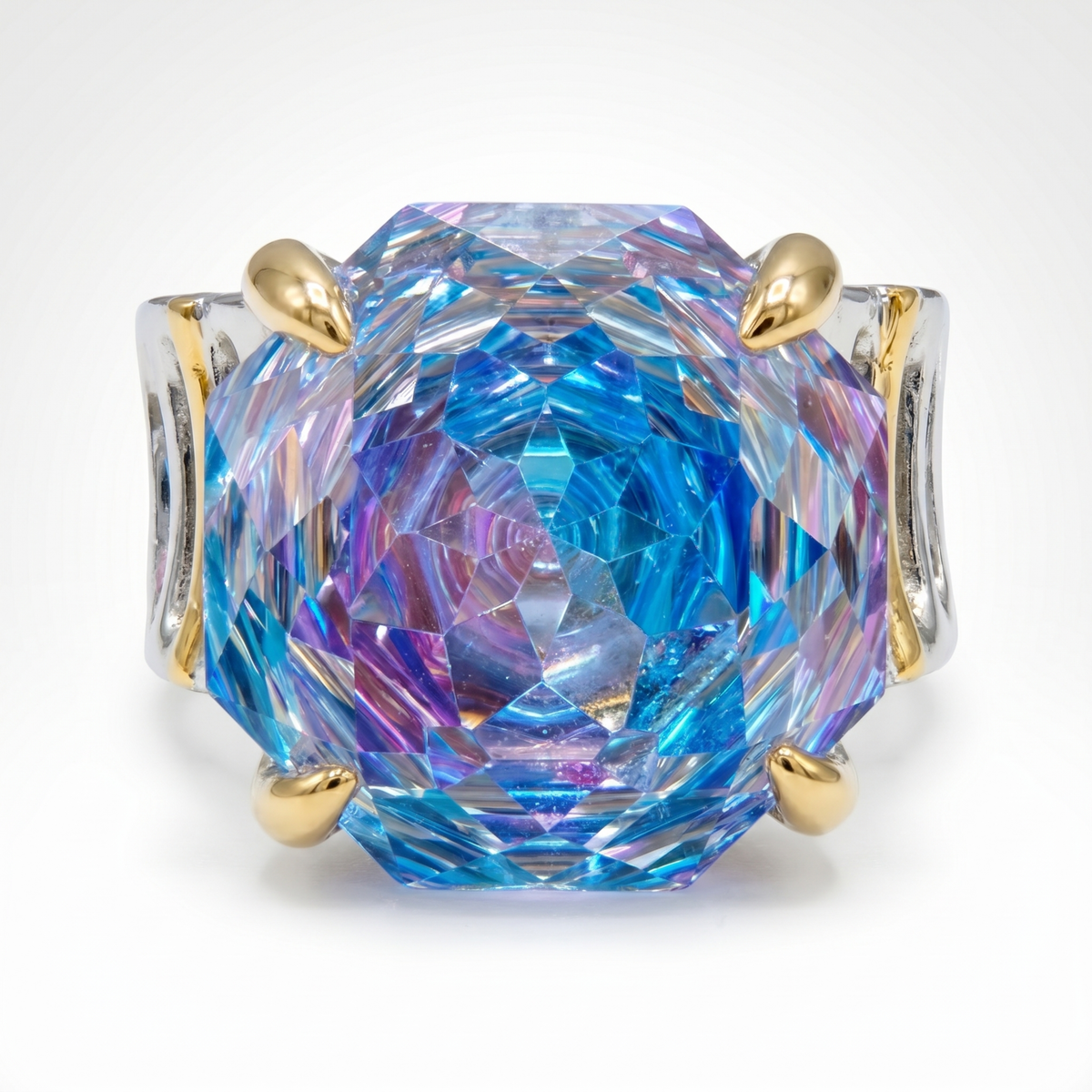 Canvas Crystal Emerald Cut Two-Tone Statement Cocktail Ring, Gold &amp; Rhodium finish
