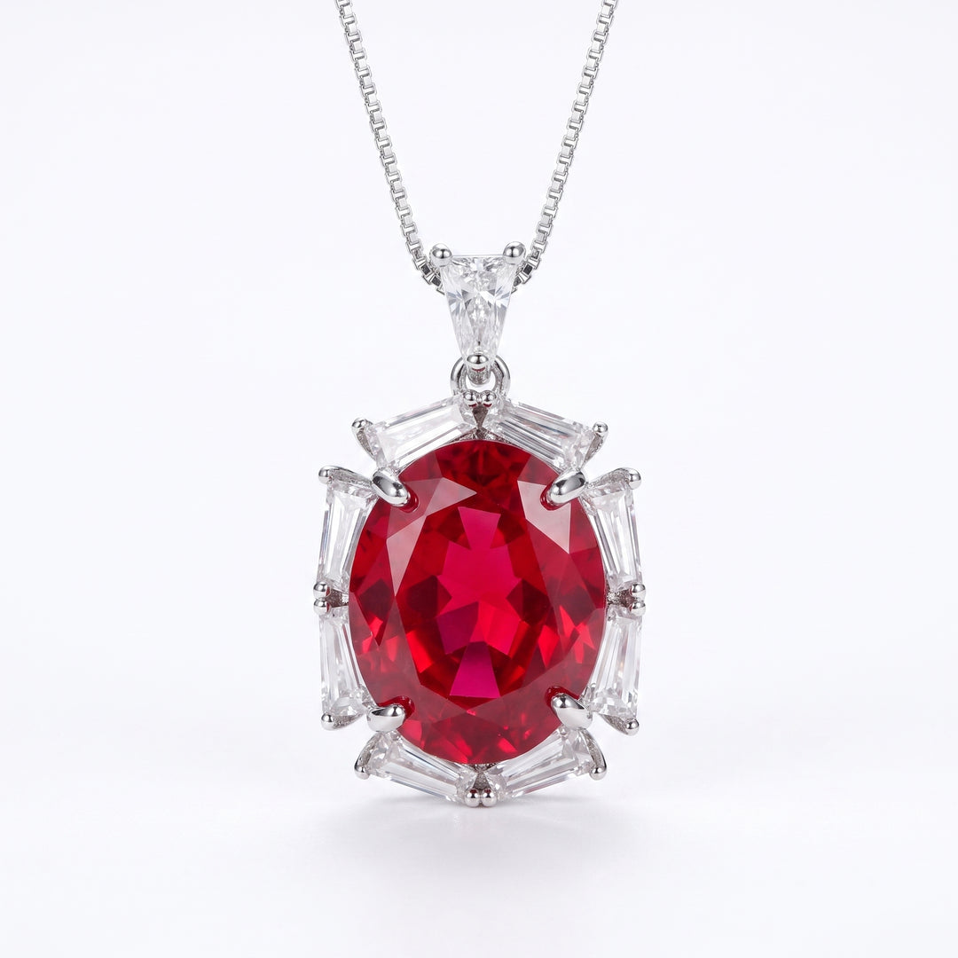 Noctis Rhodium Plated Red Ruby CZ Oval Pendant Necklace