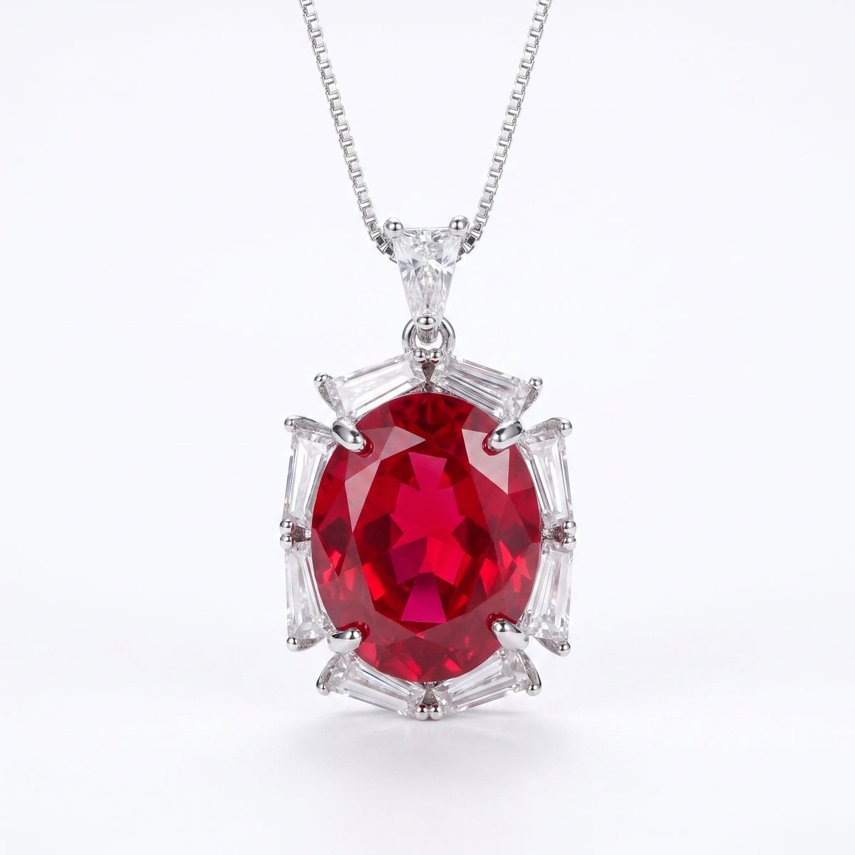 Noctis Rhodium Plated Red Ruby CZ Oval Pendant Necklace