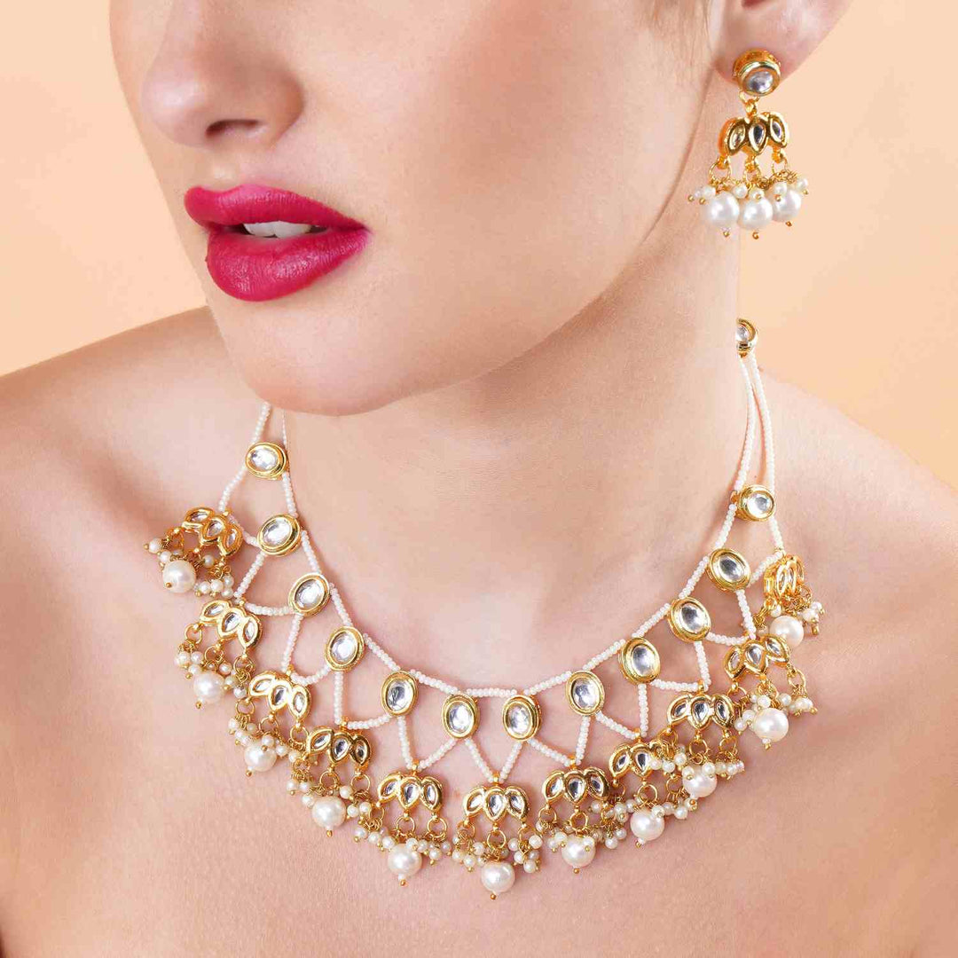 Ayla gold plated kundan pearl necklace set with matching earrings
