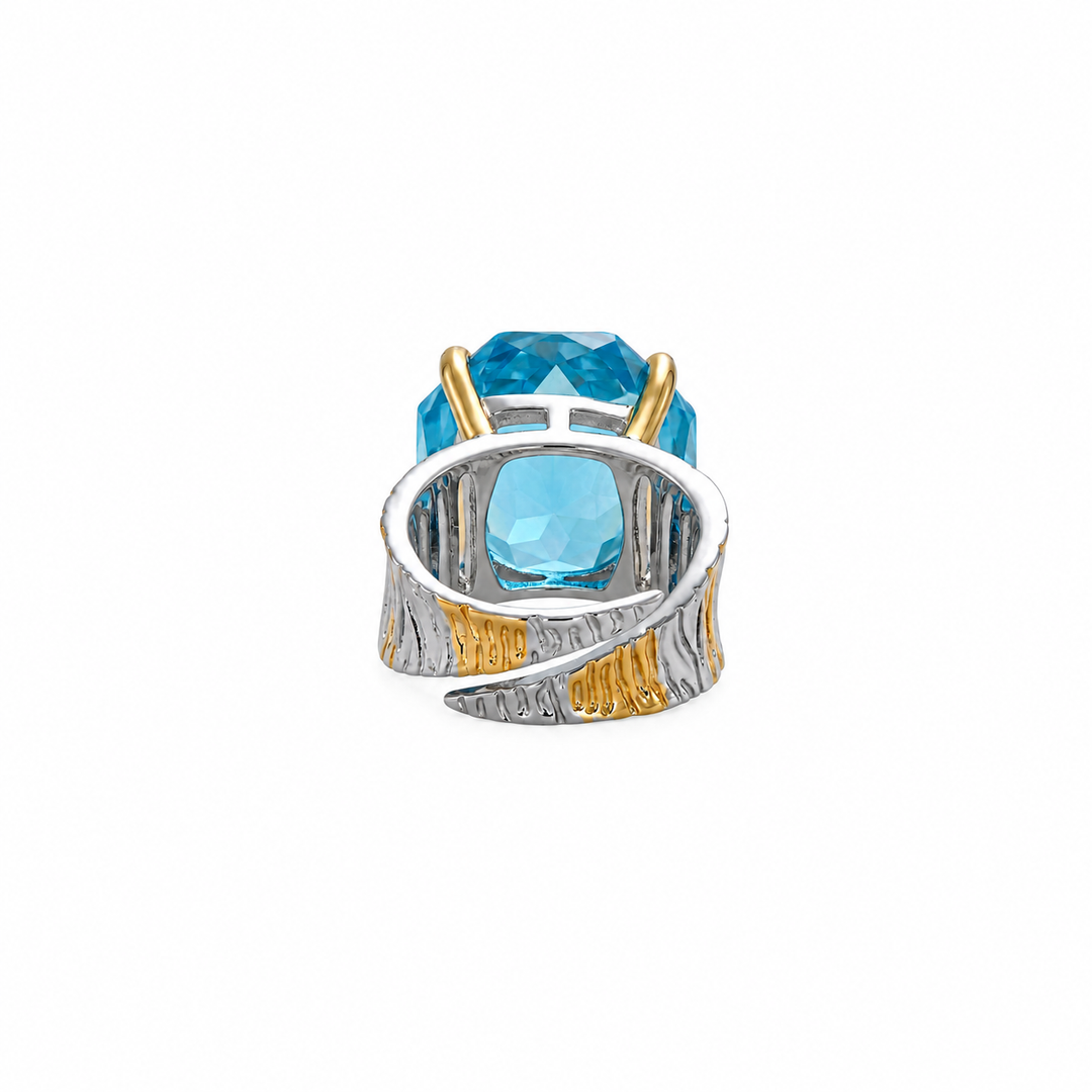 Blue Topaz crystal emerald cut two-tone cocktail ring for women, gold and rhodium finish (view 3) - RANGREZ