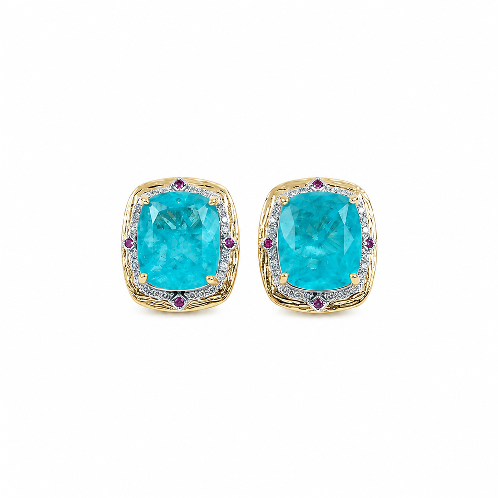 Turquoise blue crystal cushion halo stud earrings for women, gold finish - RANGREZ