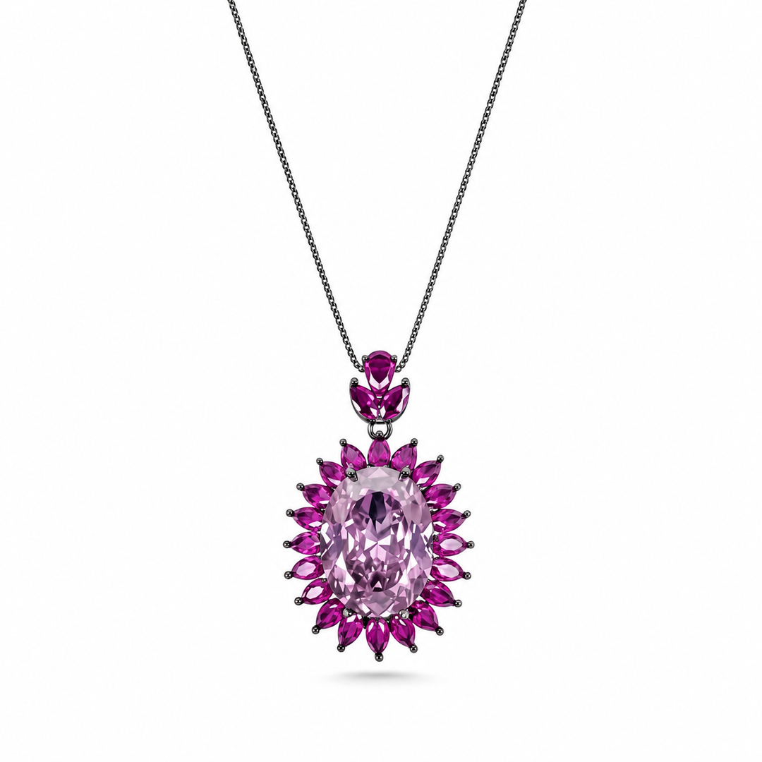 Pink oval crystal halo pendant necklace for women, black rhodium finish - RANGREZ