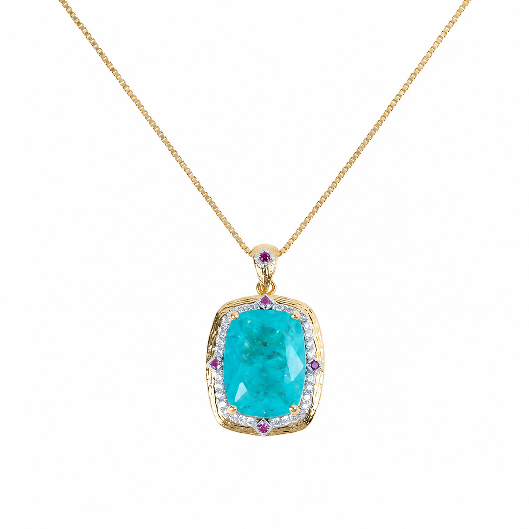 Turquoise blue crystal cushion halo pendant necklace for women, gold finish - RANGREZ