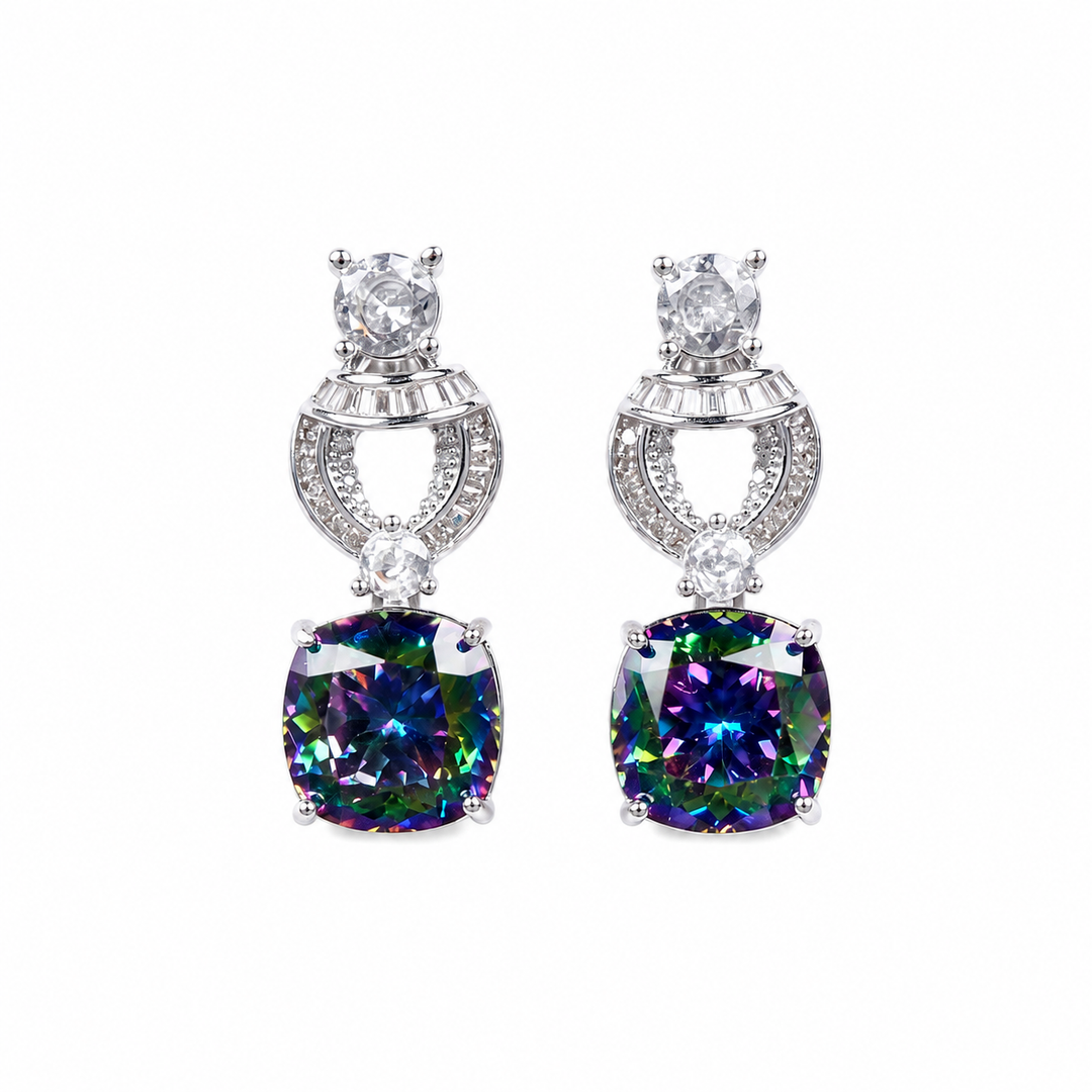 Multicolour mystic crystal cushion drop earrings for women, rhodium finish - RANGREZ