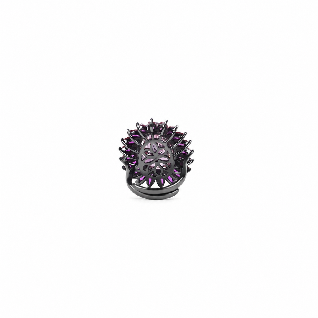Pink oval crystal halo cocktail ring for women, black rhodium finish (view 2) - RANGREZ
