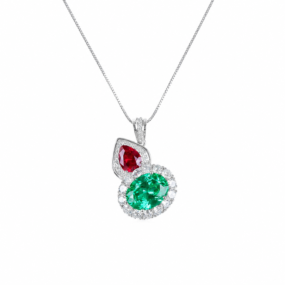 Green and red crystal pear drop pendant necklace for women, rhodium finish - RANGREZ