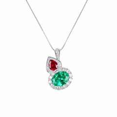 Green and red crystal pear drop pendant necklace for women, rhodium finish - RANGREZ