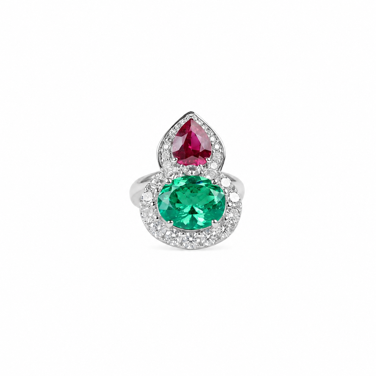 Green and red crystal pear drop cocktail ring for women, rhodium finish - RANGREZ