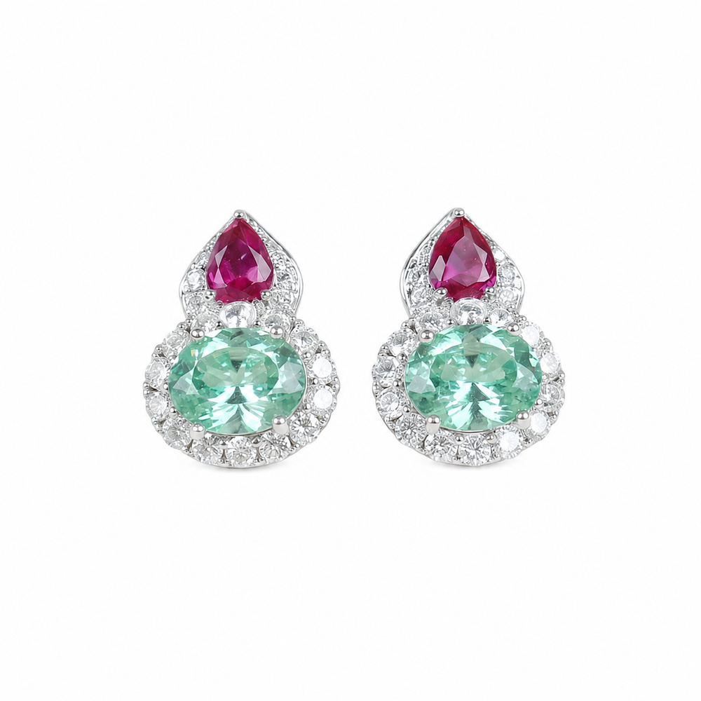 Green and red crystal pear drop stud earrings for women, rhodium finish - RANGREZ