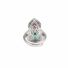 Green and red crystal pear drop cocktail ring for women, rhodium finish (view 2) - RANGREZ