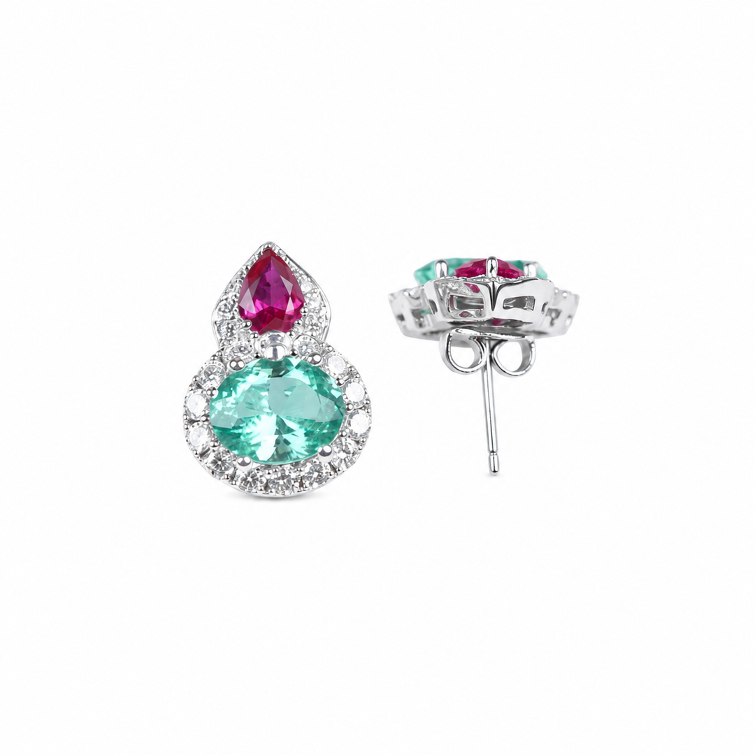 Green and red crystal pear drop stud earrings for women, rhodium finish (view 2) - RANGREZ