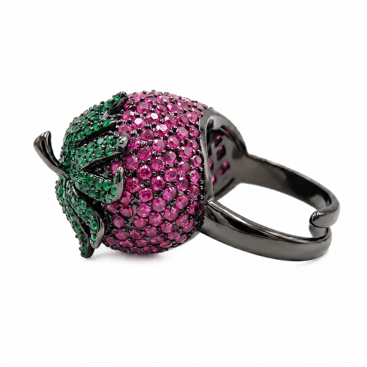 Botanica Pink & Green Strawberry Ring, Black Ruthenium